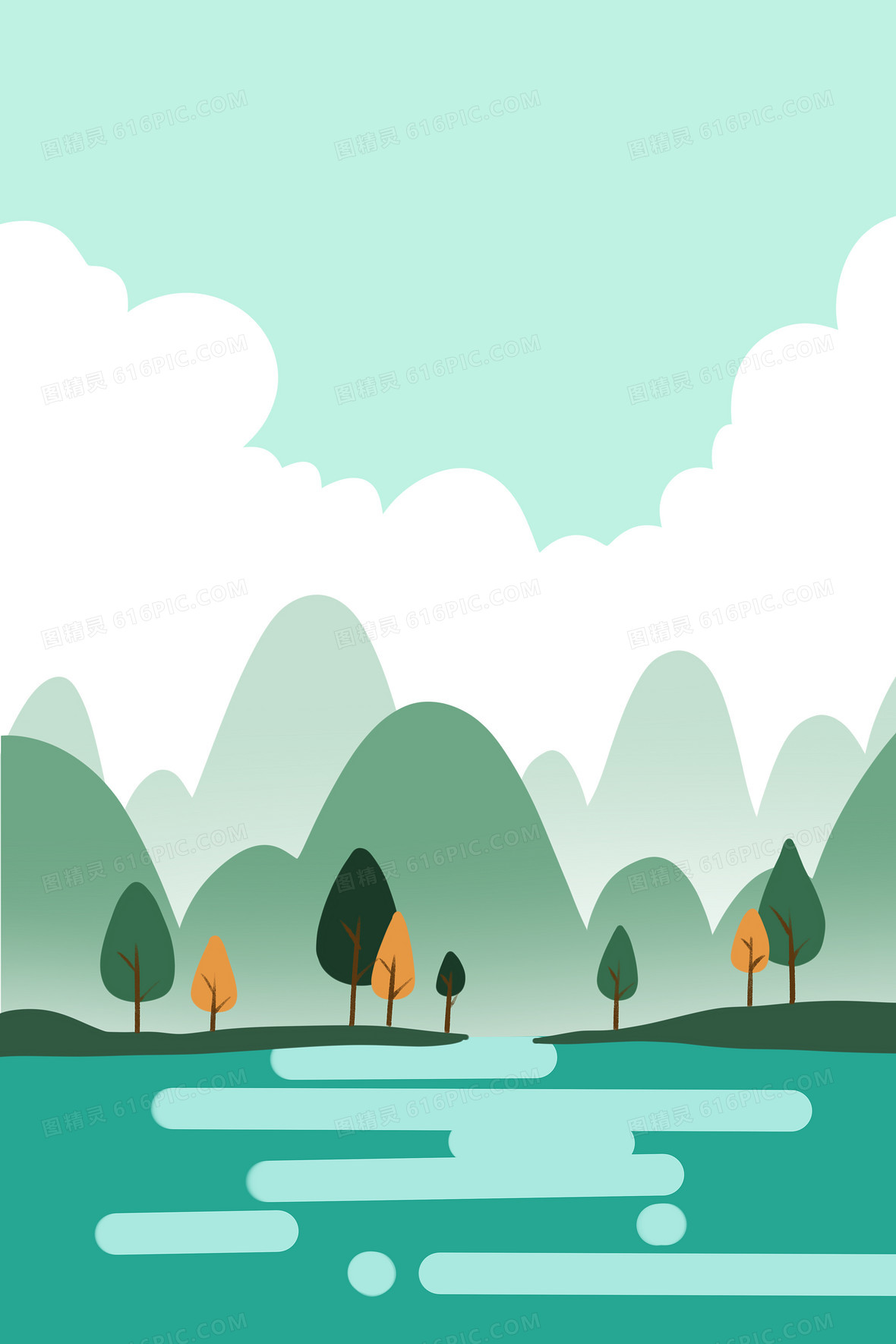 蓝色夏日湖边扁平山水手绘插画背景素材