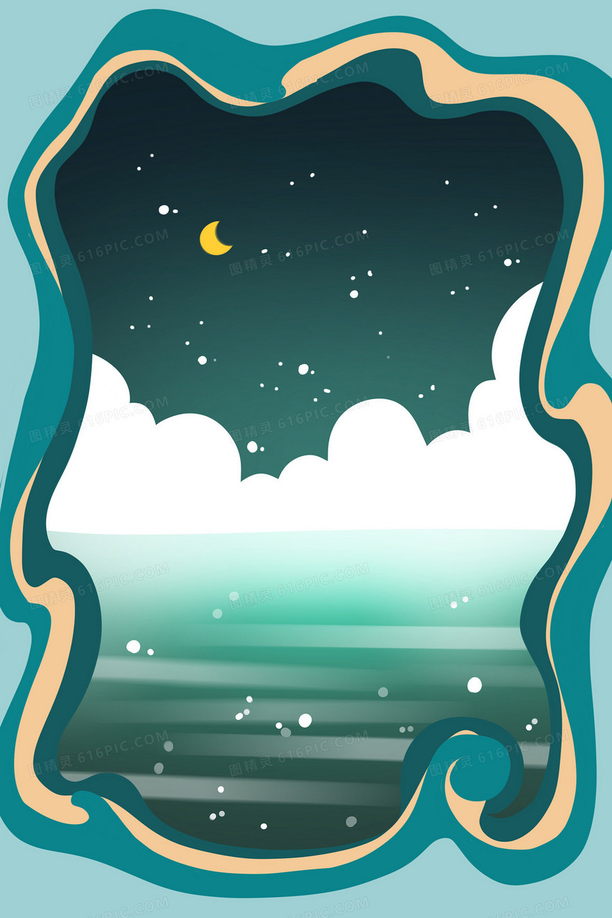 蓝色夏日夜晚大海月亮剪纸风手绘插画背景素材