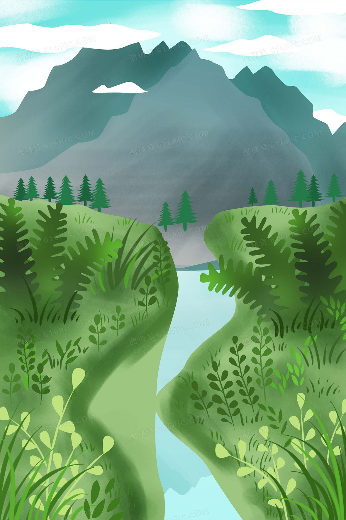 绿色森林卡通插画背景