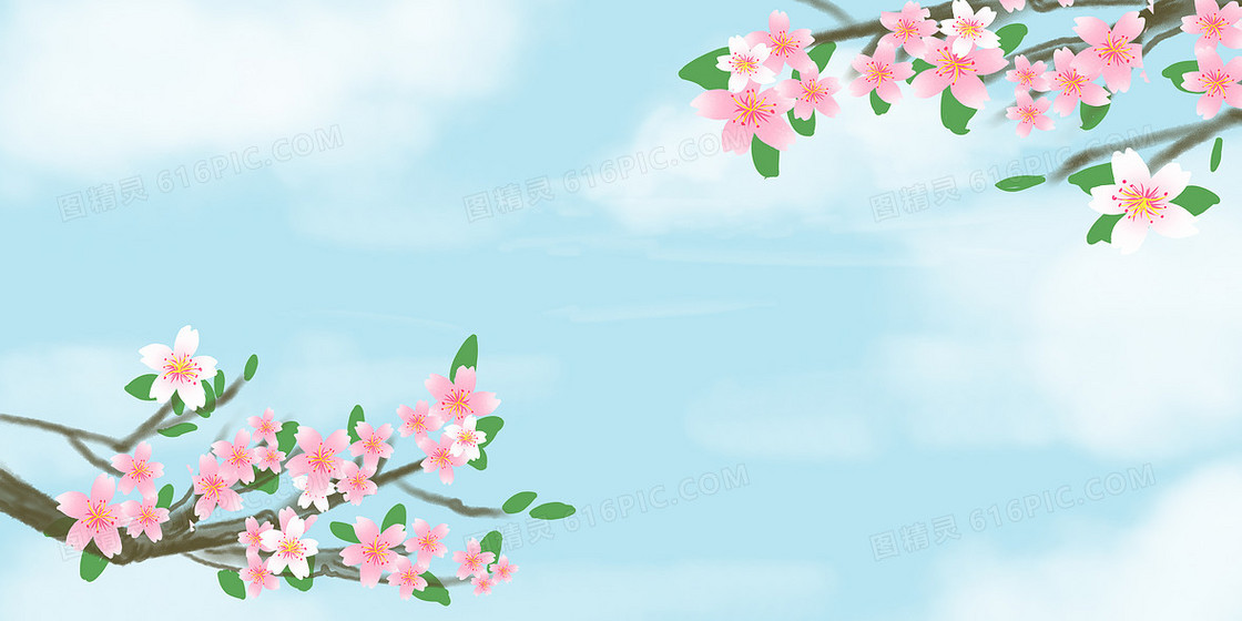 粉色清新唯美蓝天白云樱花背景