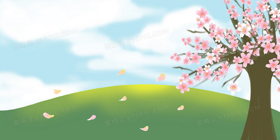 粉色清新唯美樱花草地背景