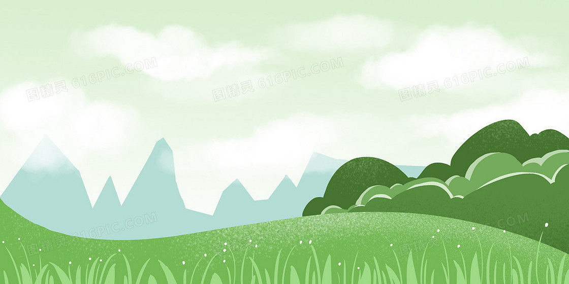 绿色清新唯美草丛远山白云背景
