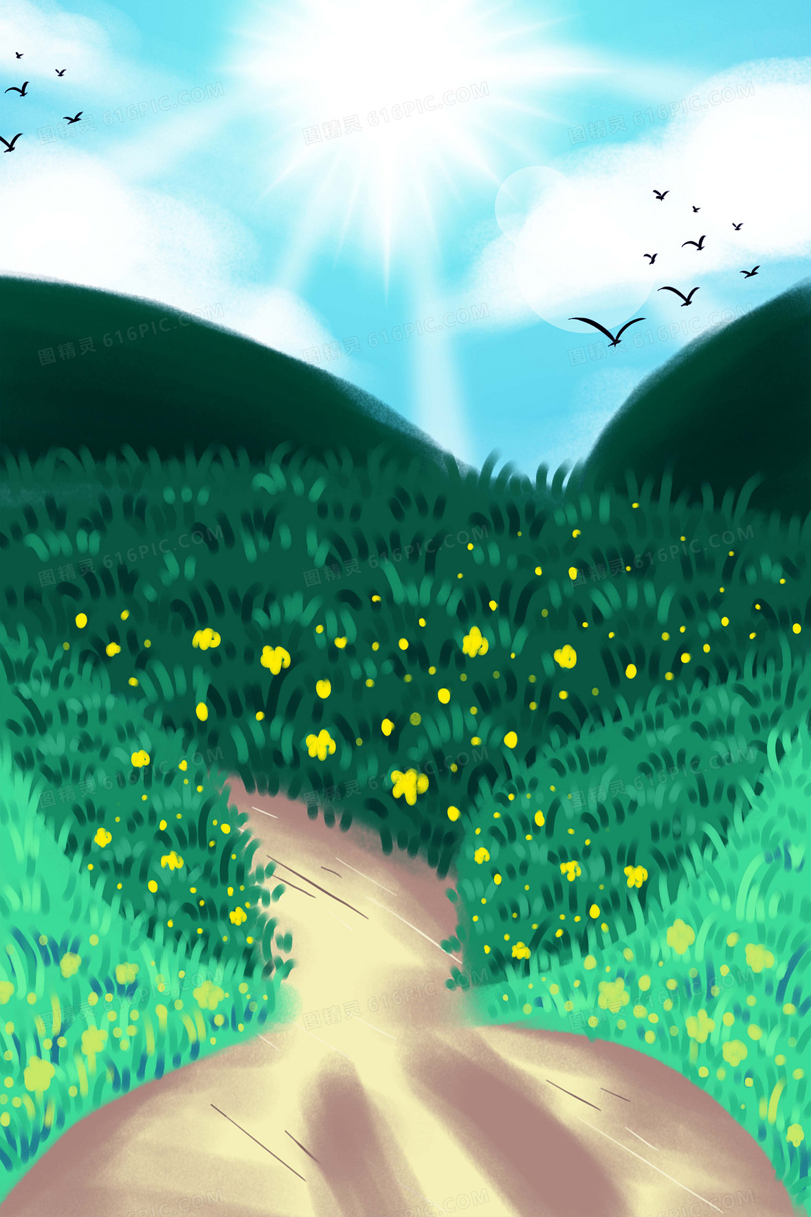 乡村田野手抄报卡通插画背景