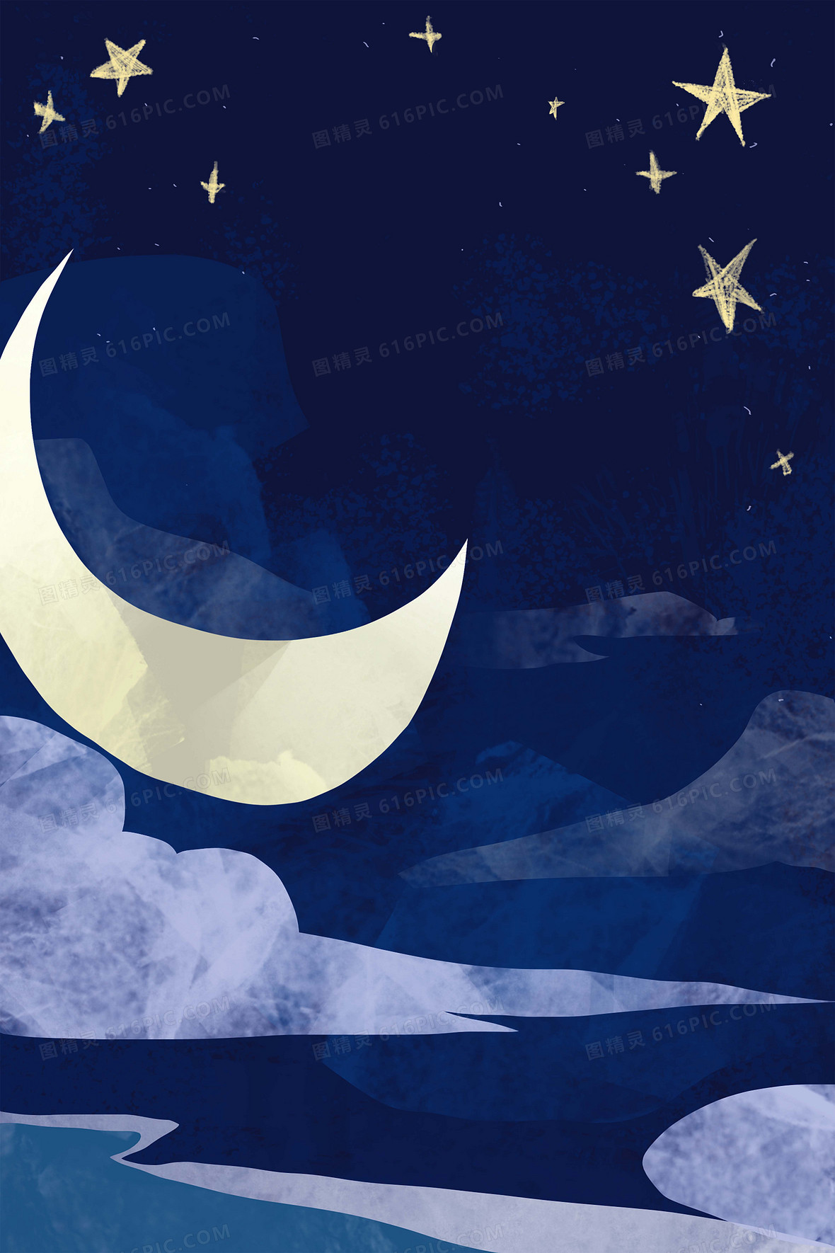月亮星空夜晚卡通插画背景