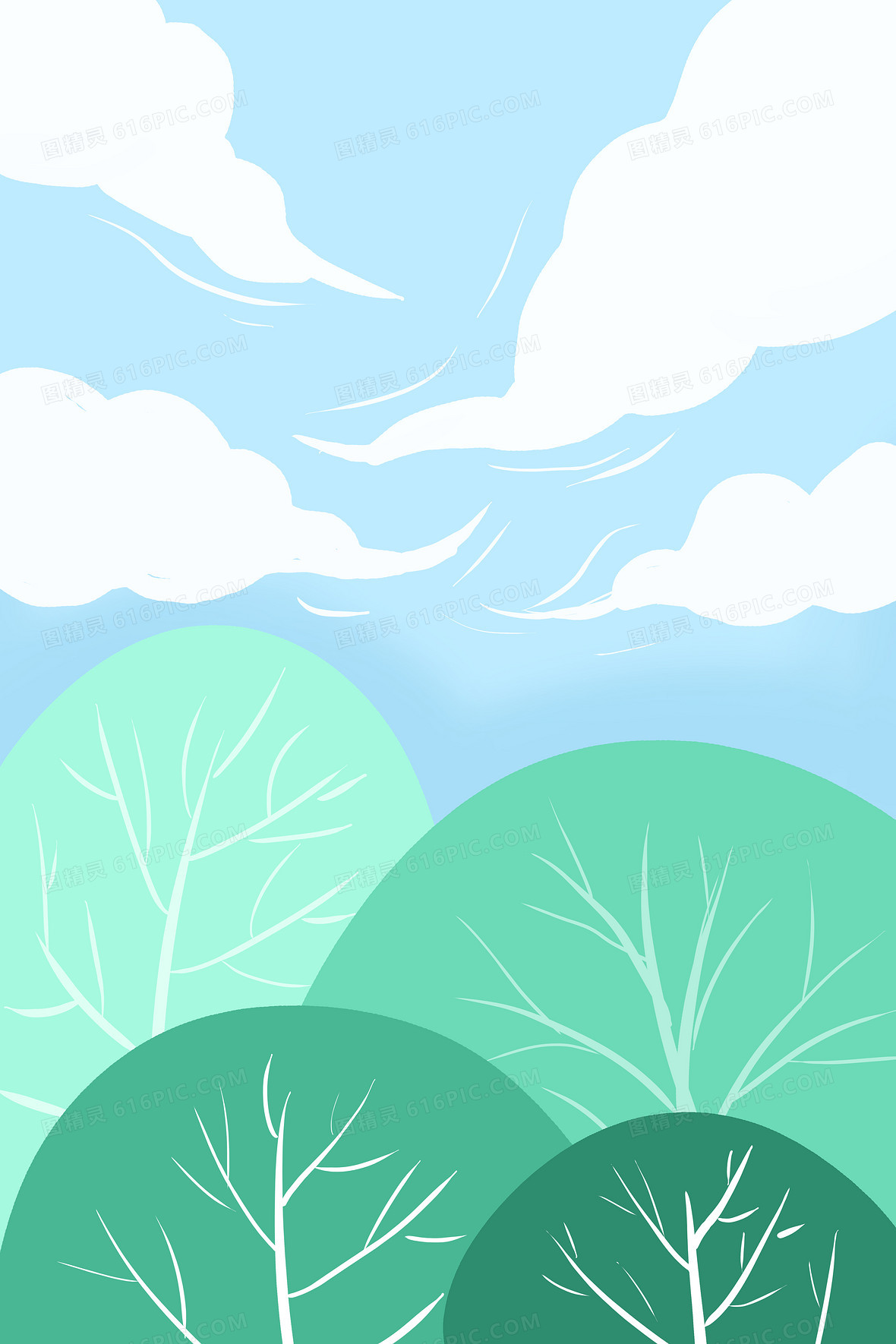 绿色卡通手绘青山绿植白云背景