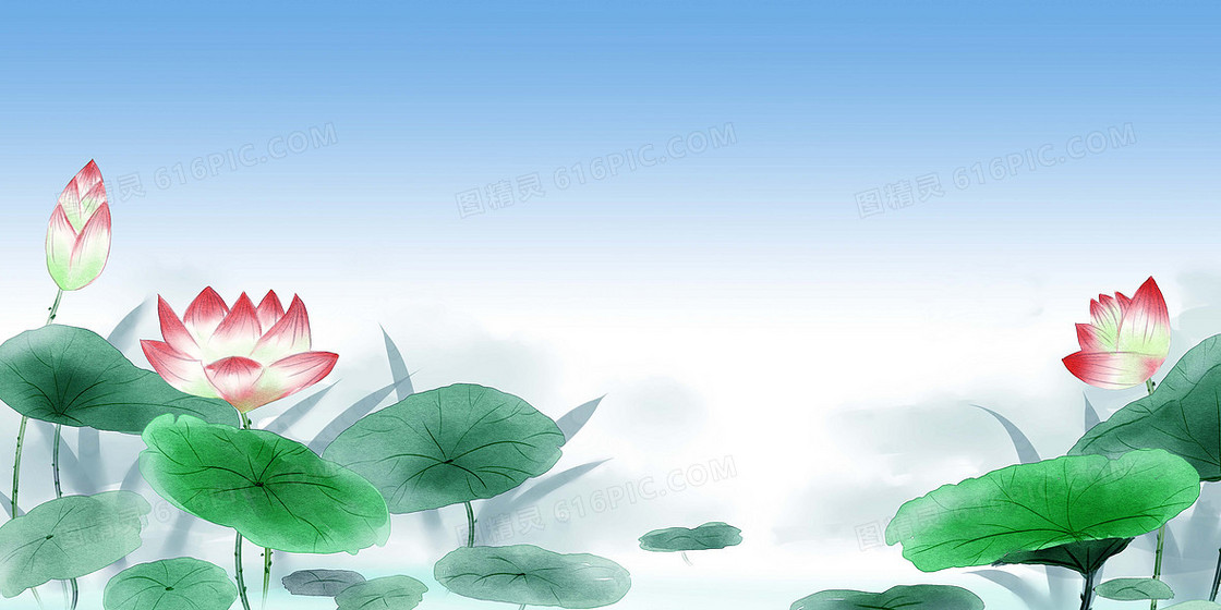 荷花鱼塘中国风插画展板背景