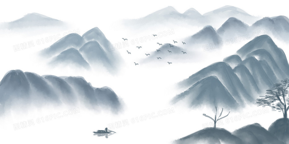 唯美中国风渔船穿过群山图