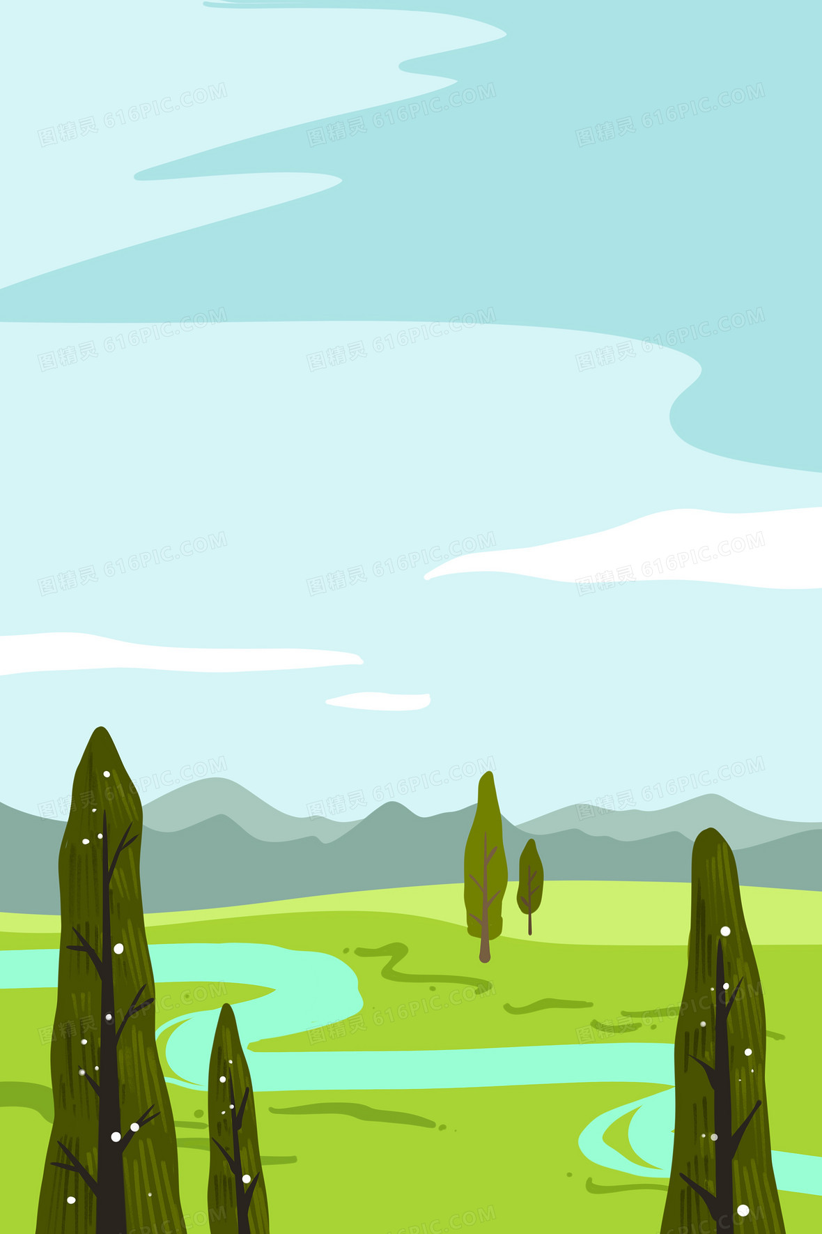 绿色青草地小溪唯美手绘插画卡通背景素材