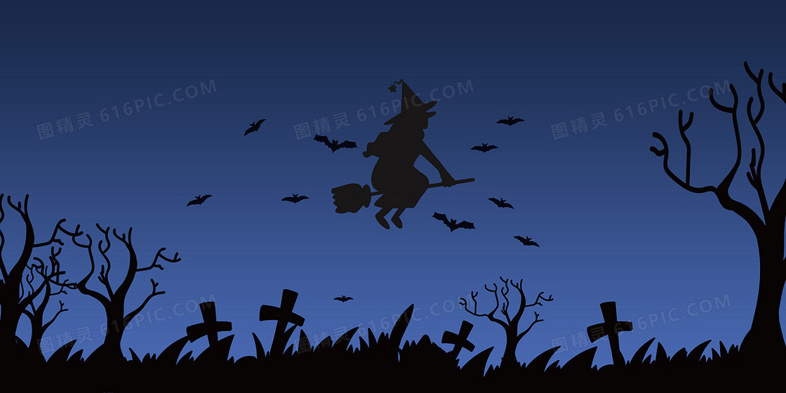 万圣节恐怖女巫墓地蝙蝠卡通剪影背景