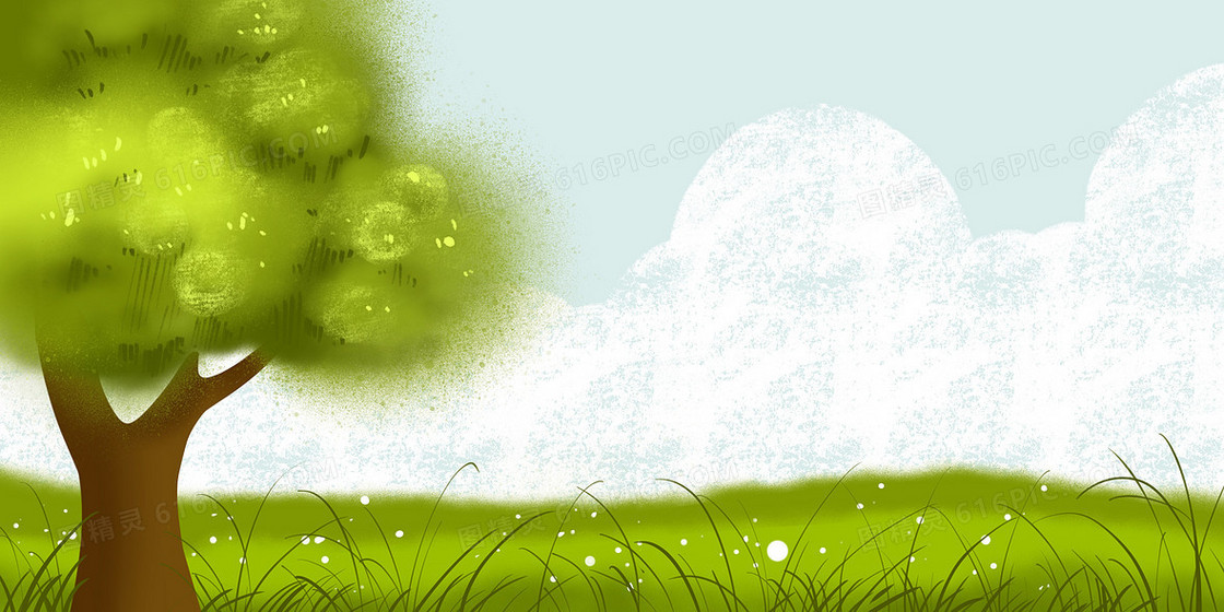 绿色草地大树蓝天白云卡通手绘插画背景