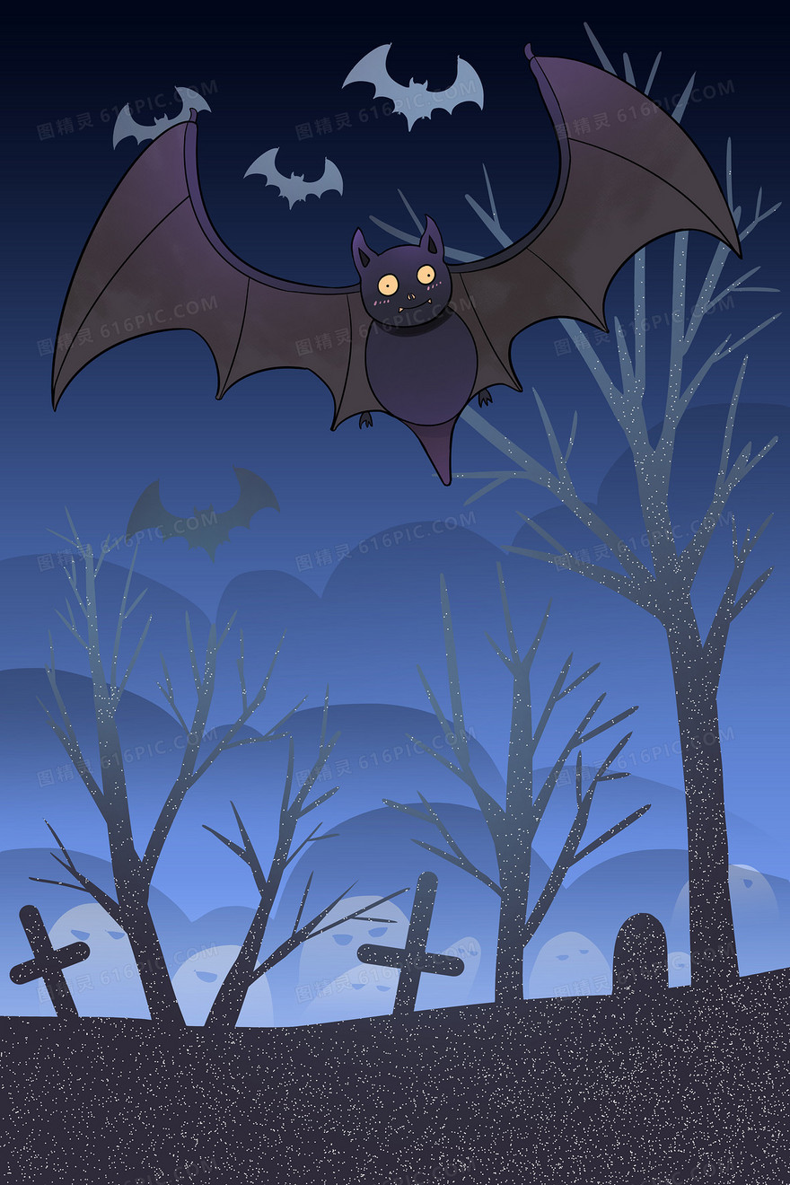 恐怖万圣节夜晚蝙蝠卡通幽灵坟墓手绘背景