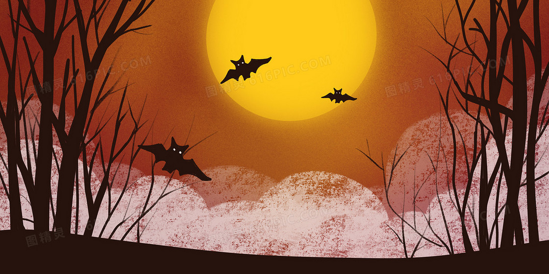 红色夜晚月亮树木诡异风景卡通手绘万圣节插画背景