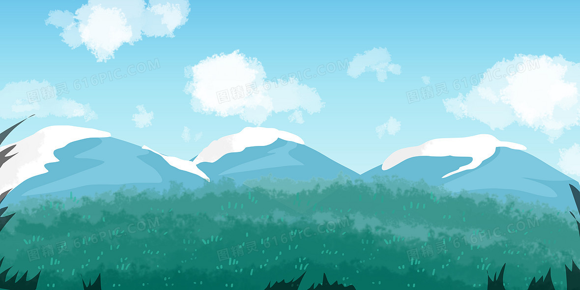 清新的手绘雪山草原草地草坪卡通原创背景