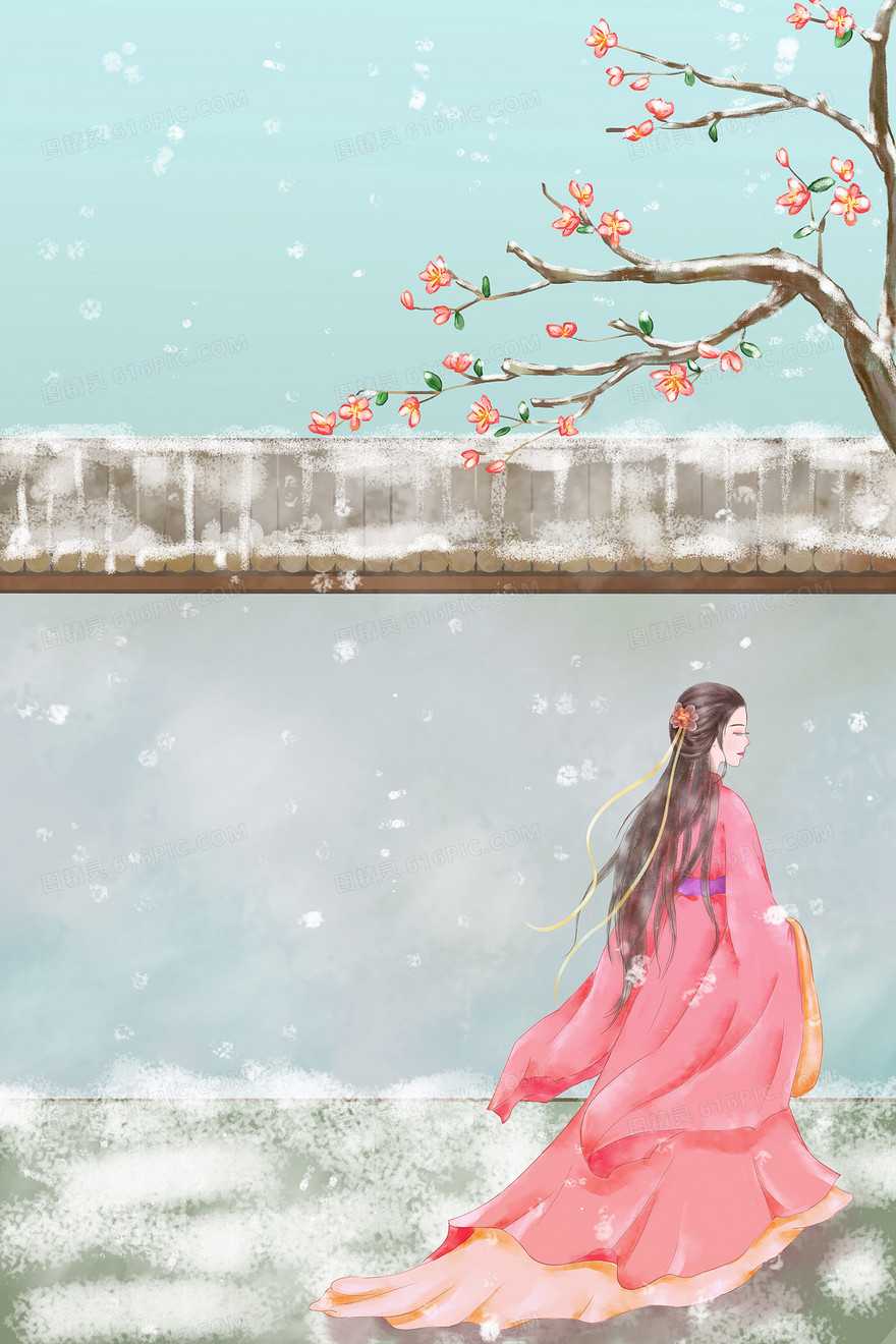 中国风冬至霜降手绘梅花人物背景图