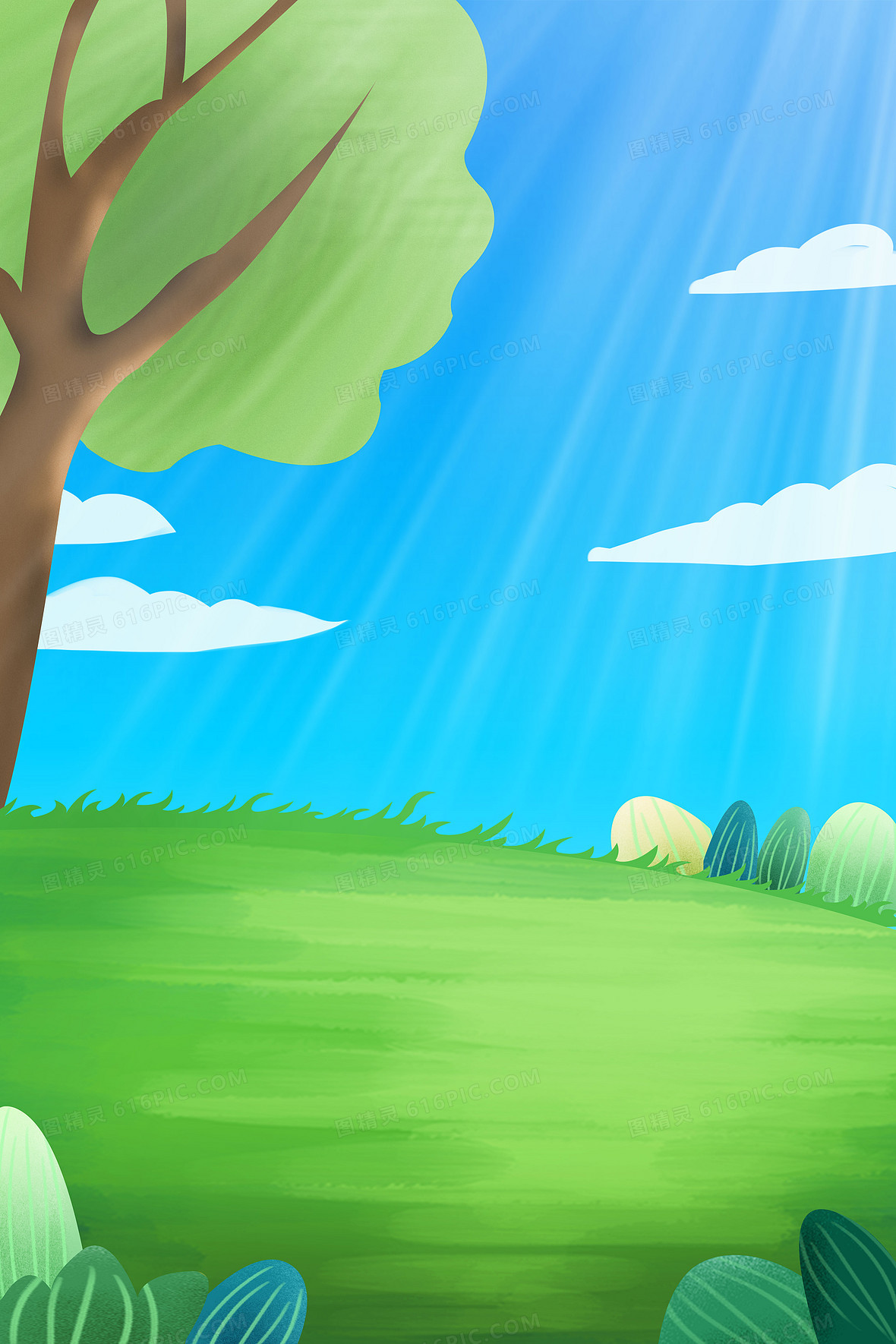 阳光树木小清新草地手绘卡通背景