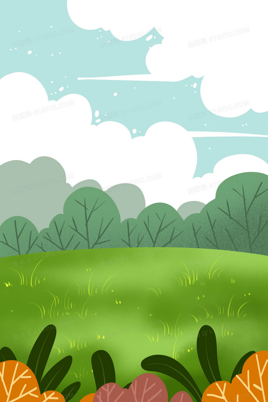 绿色草地手绘扁平卡通插画蓝天白云背景素材