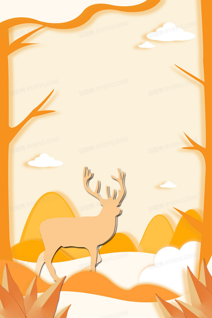 秋季剪纸风麋鹿金秋背景