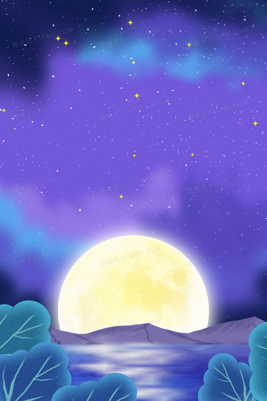 夜空湖水月亮倒影卡通手绘星空背景