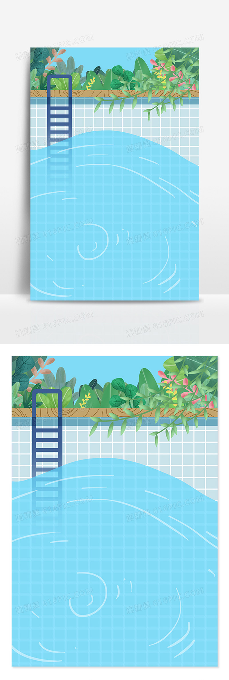 卡通手绘泳池水面植物背景