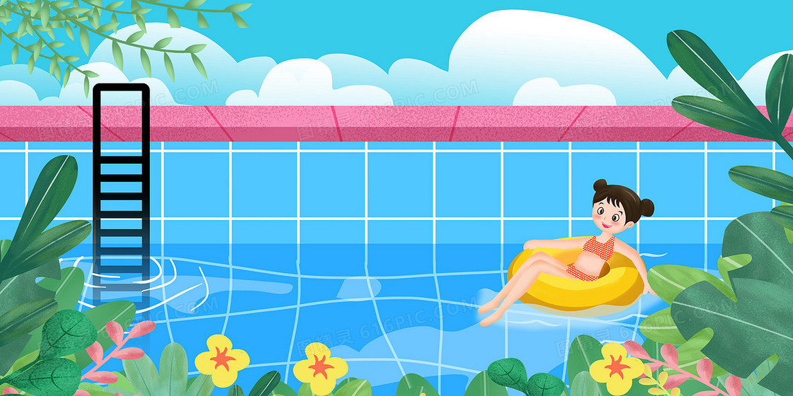 手绘游泳池夏日清爽卡通背景