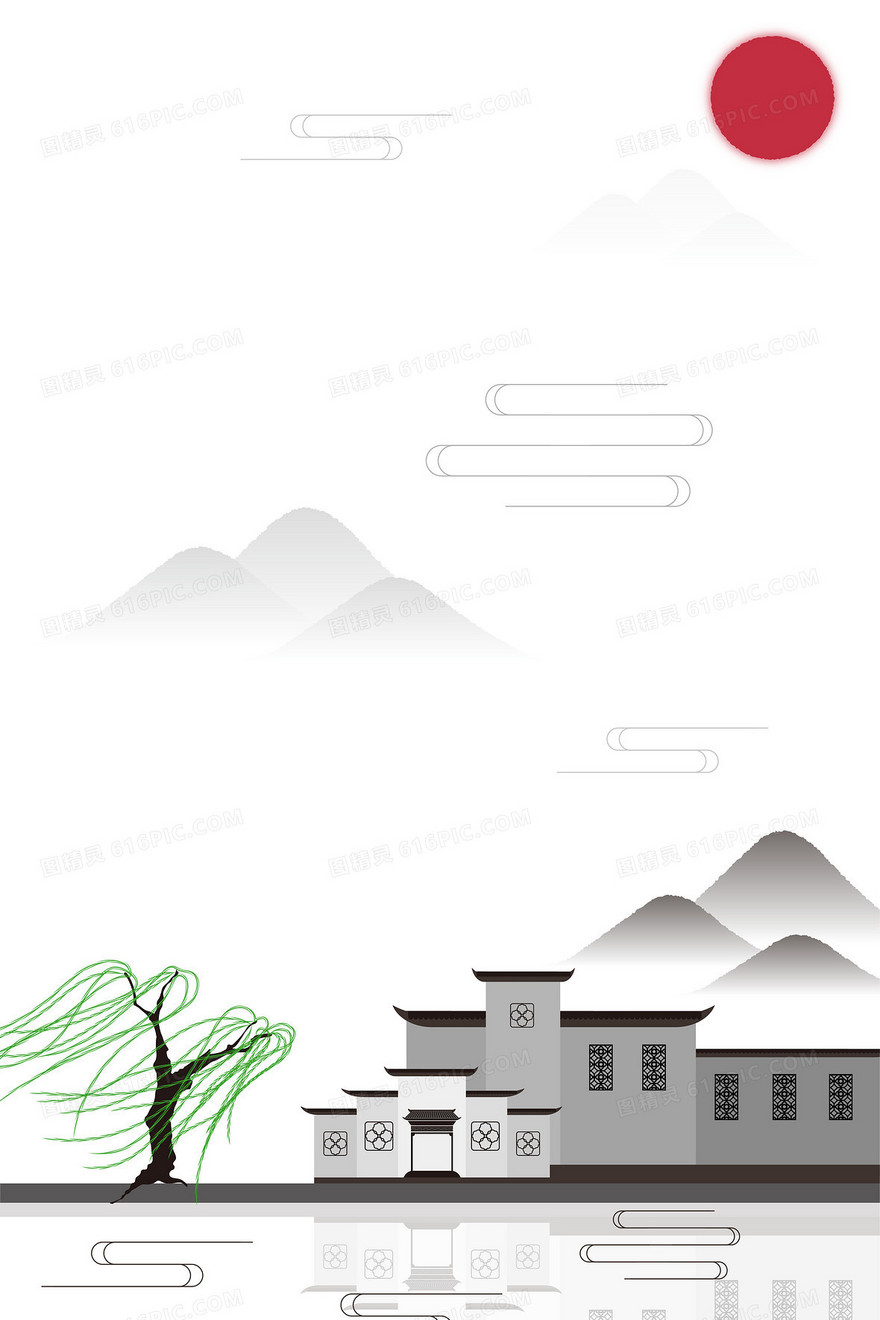 水墨色扁平卡通中国风徽派建筑信笺背景