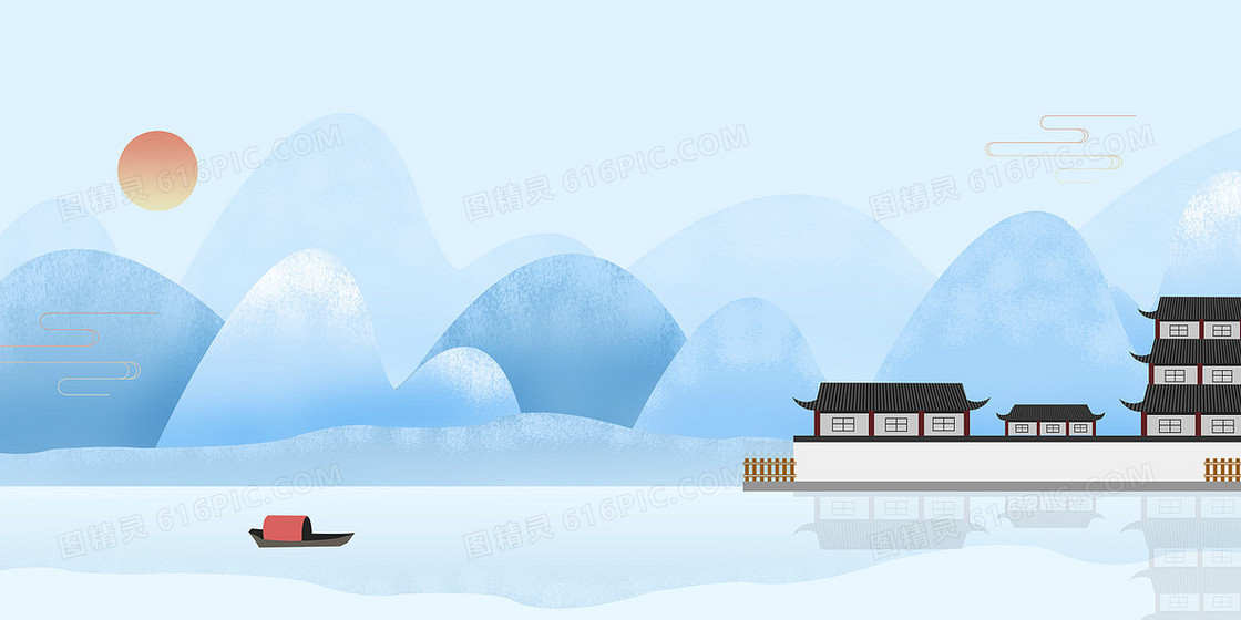蓝色清新淡雅中国风古建筑渔船背景