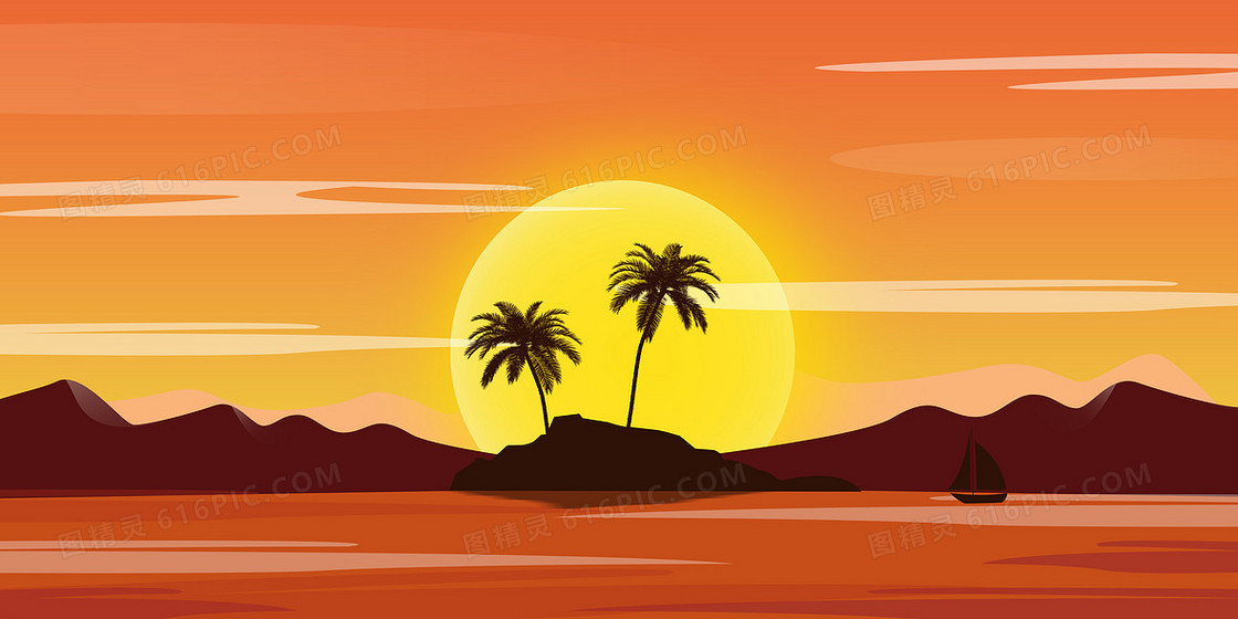 扁平化落日夕阳椰岛风景背景