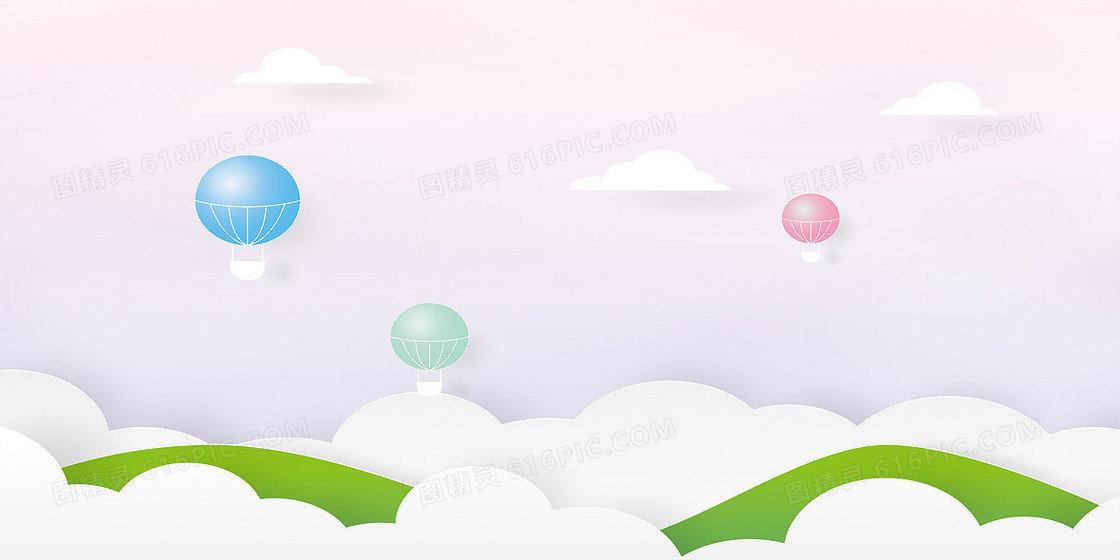 白色立体剪纸风热气球风景背景图