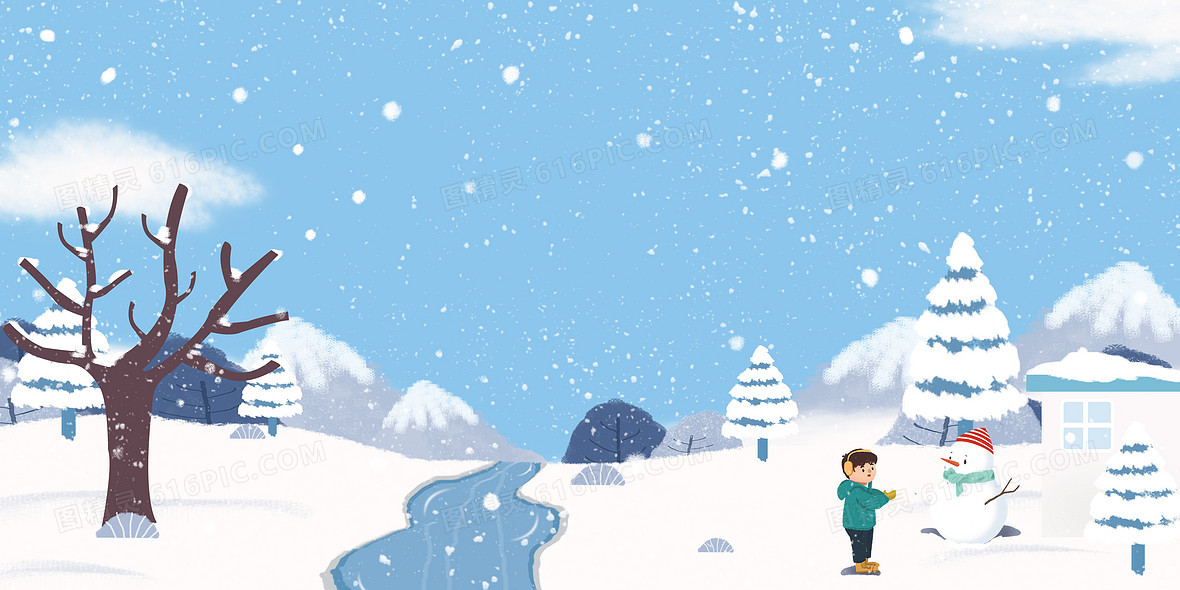 冬天手绘卡通雪景堆雪人背景
