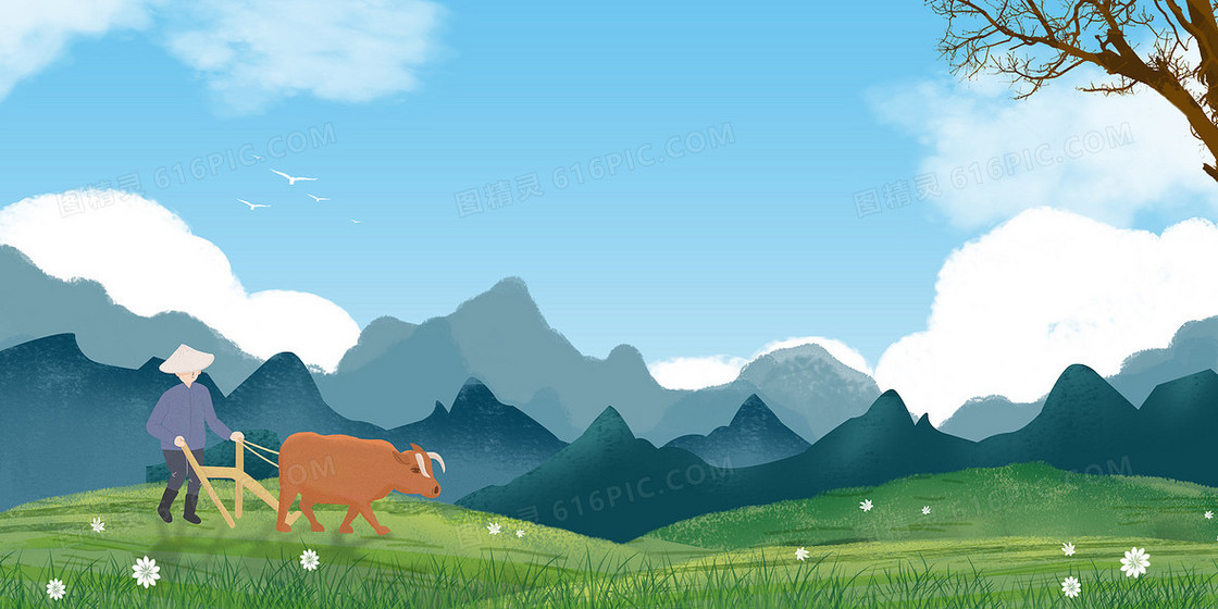 手绘农民耕作播种卡通背景