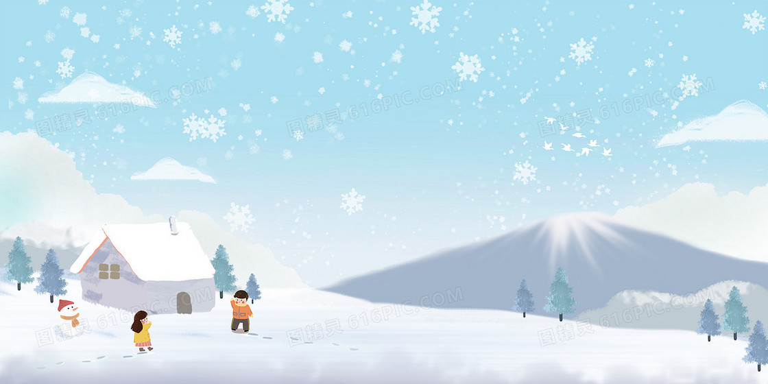 小清新卡通手绘雪景打雪仗插画背景