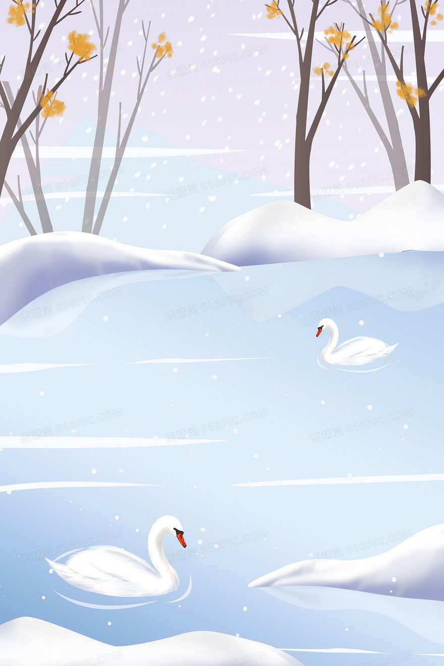 冬季小清新湖水天鹅手绘插画雪景背景