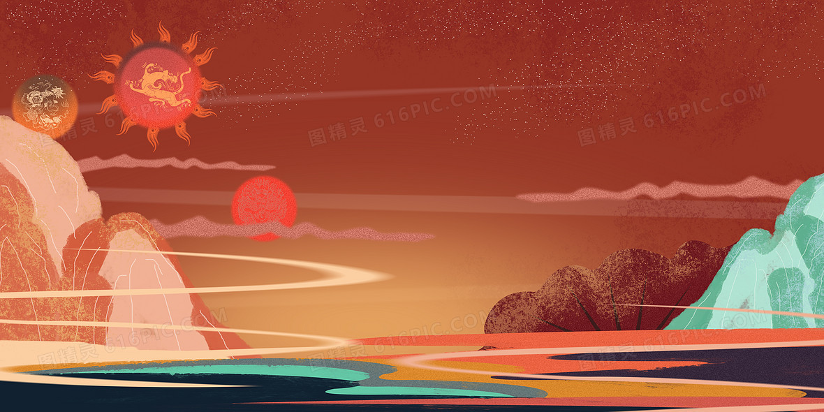 新式中国风神话重彩彩绘图腾背景
