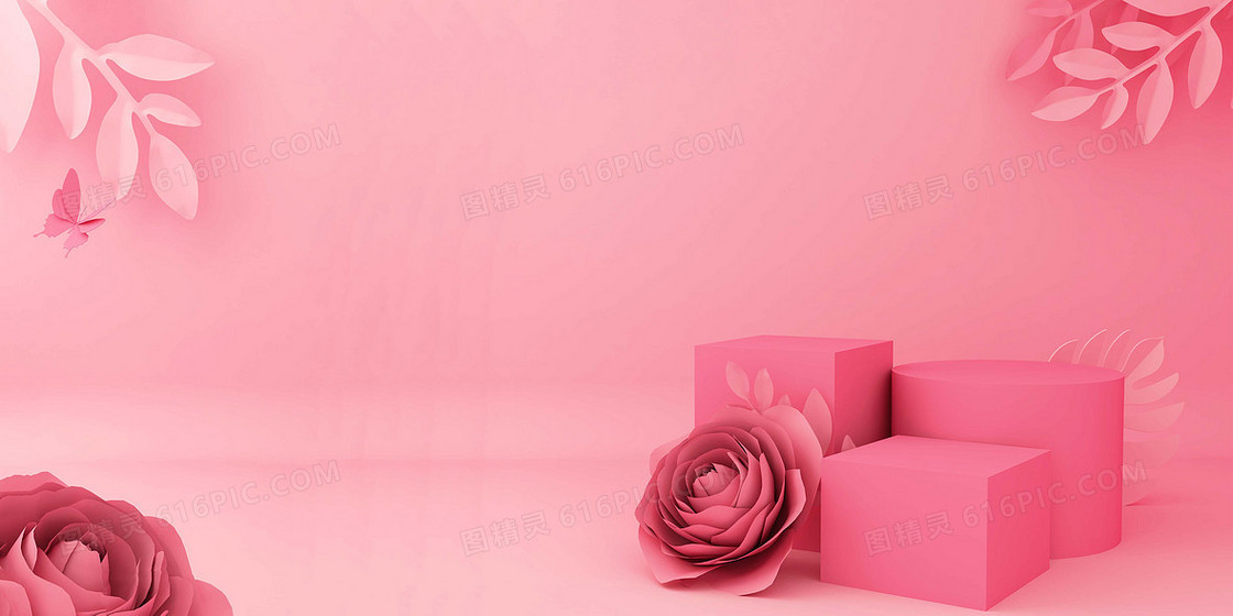 C4D粉色电商销售台阶花朵玫瑰促销销售背景