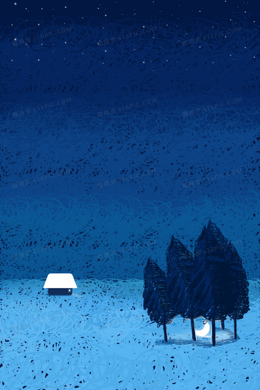 线圈风手绘夜晚风景插画背景
