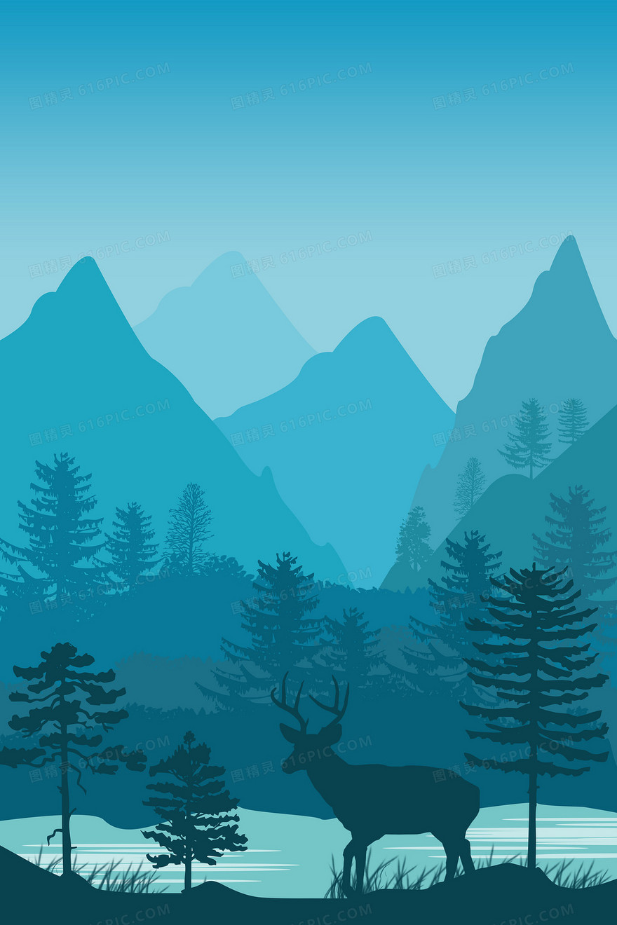 蓝色大自然山峰树木风景野生动物剪影背景