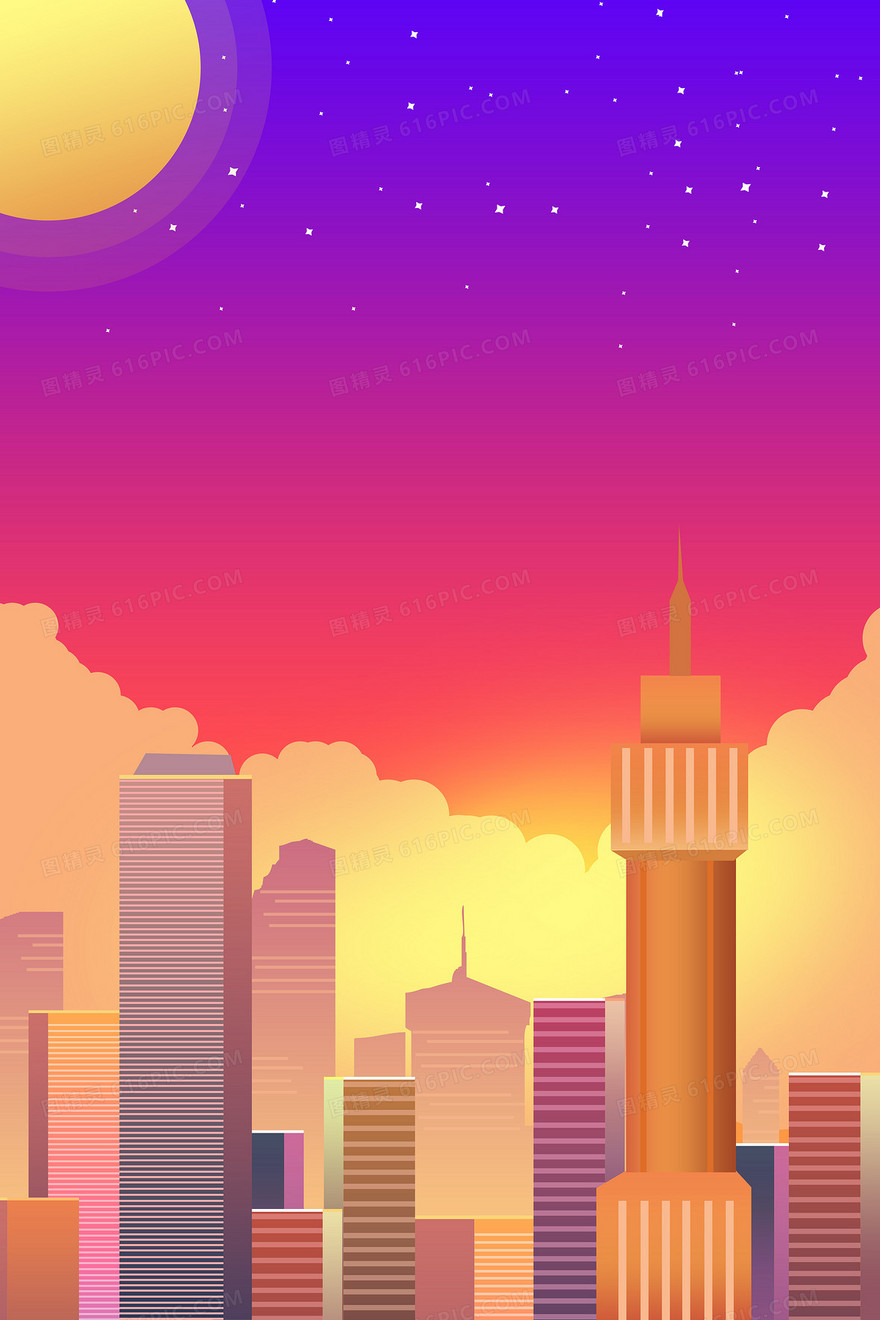 彩色城市高楼建筑剪影背景