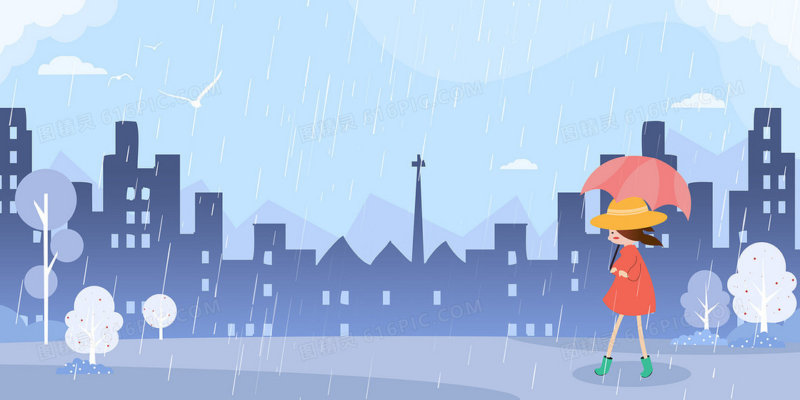卡通雨水谷雨文艺清新城市女孩雨伞背景