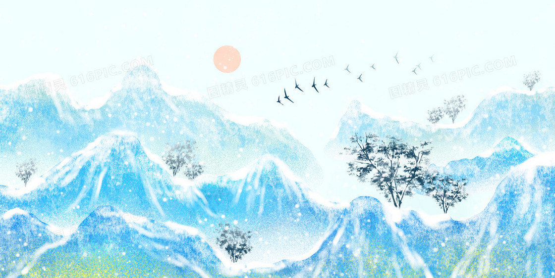 中国风手绘雪景山水装饰背景