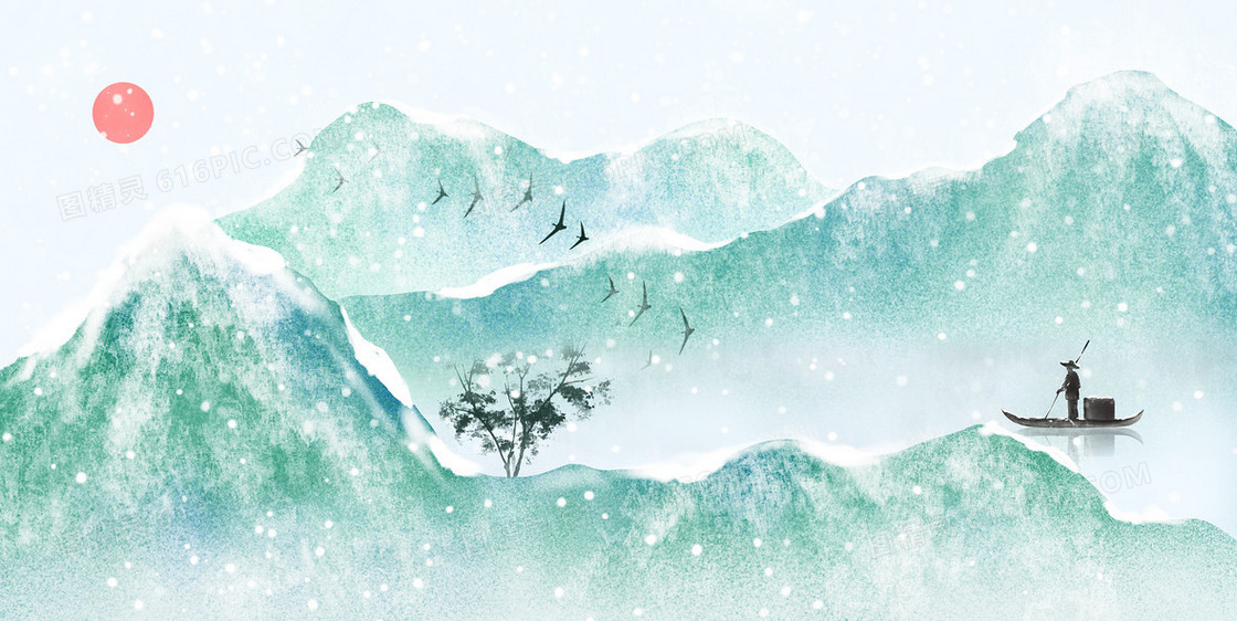 山水雪景手绘中式插画背景