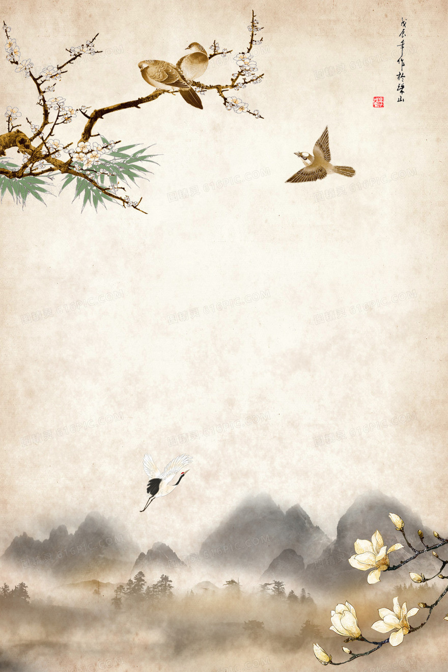 复古中国风山水花鸟背景