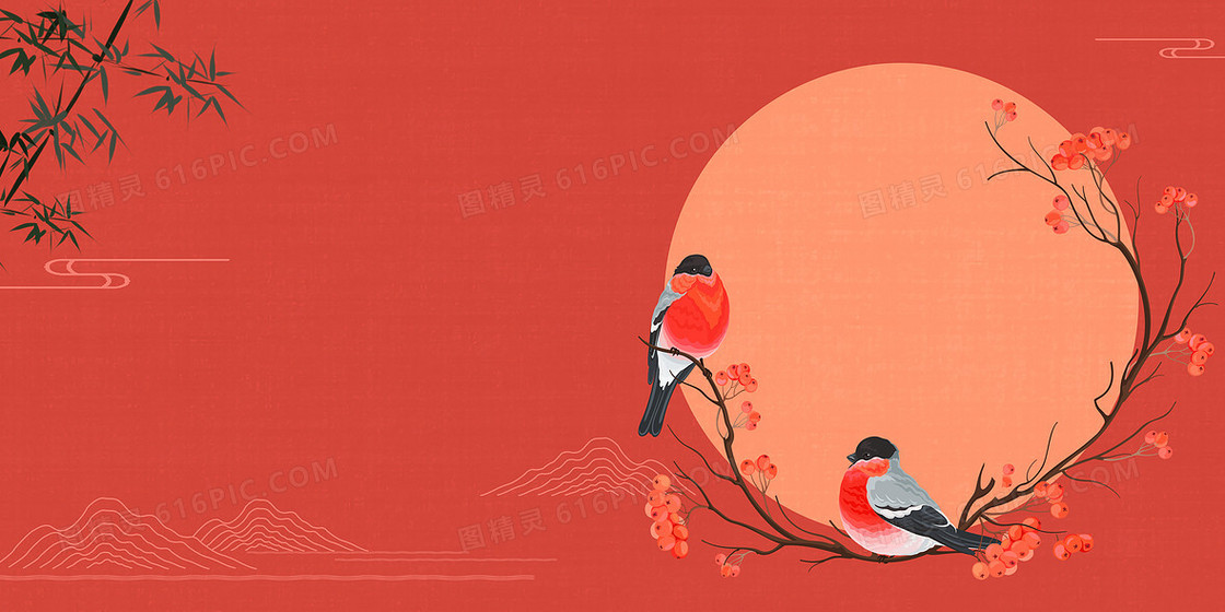 红色复古中国风工笔画花鸟背景