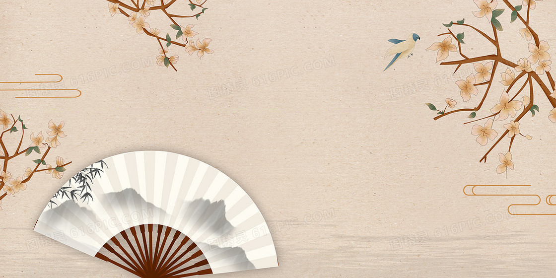 中国风折扇花鸟工笔画背景