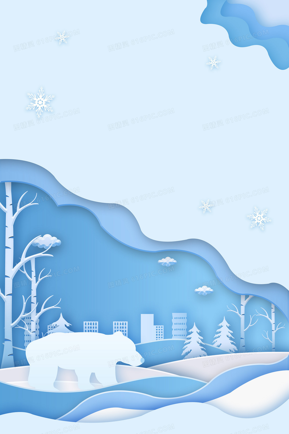 冬季剪纸雪夜房屋树枝背景