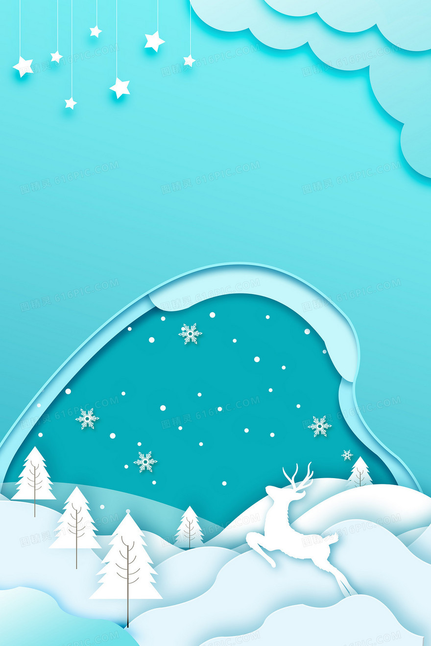 蓝色冬季剪纸风小鹿雪景背景