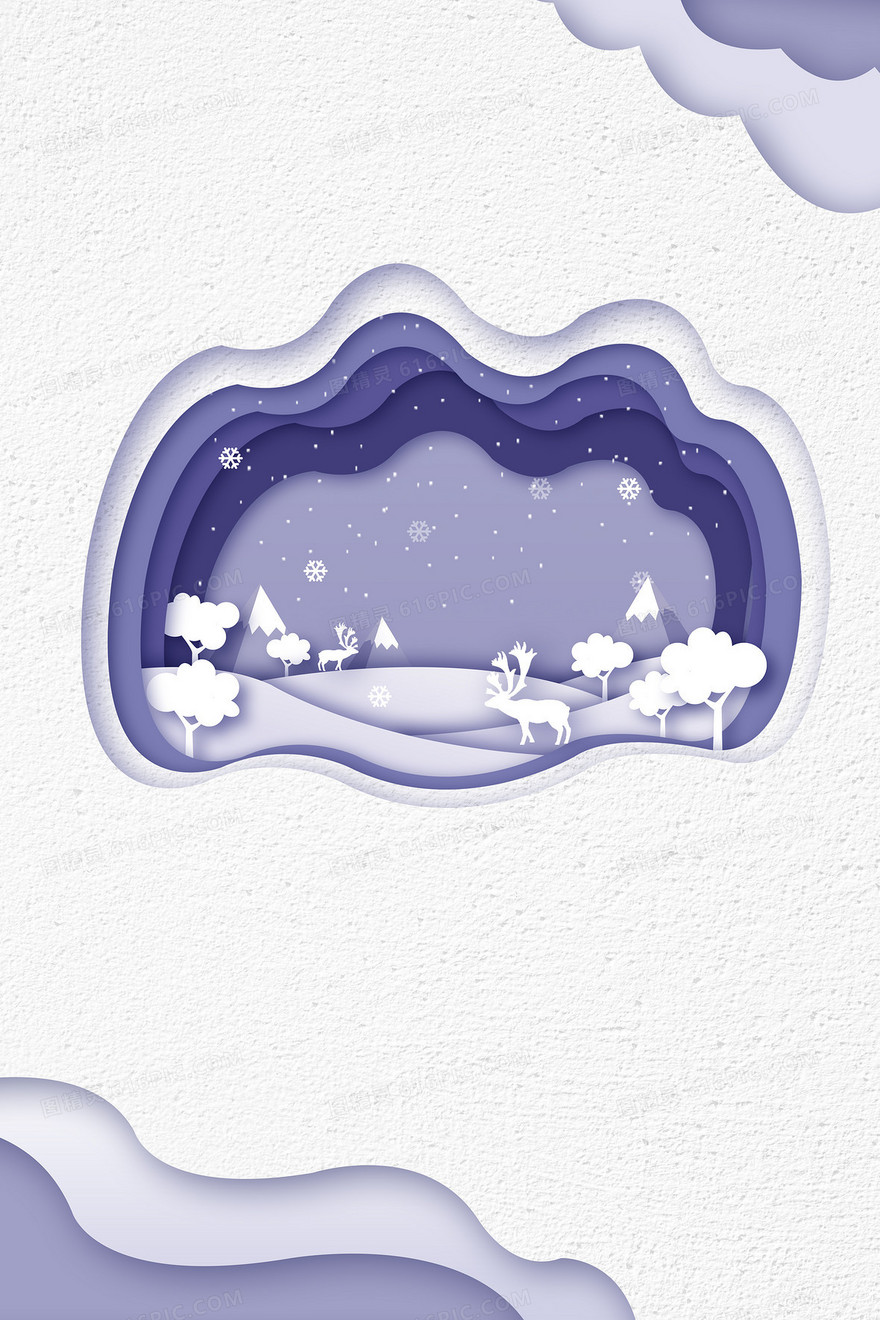 小清新冬季紫色剪纸风麋鹿背景