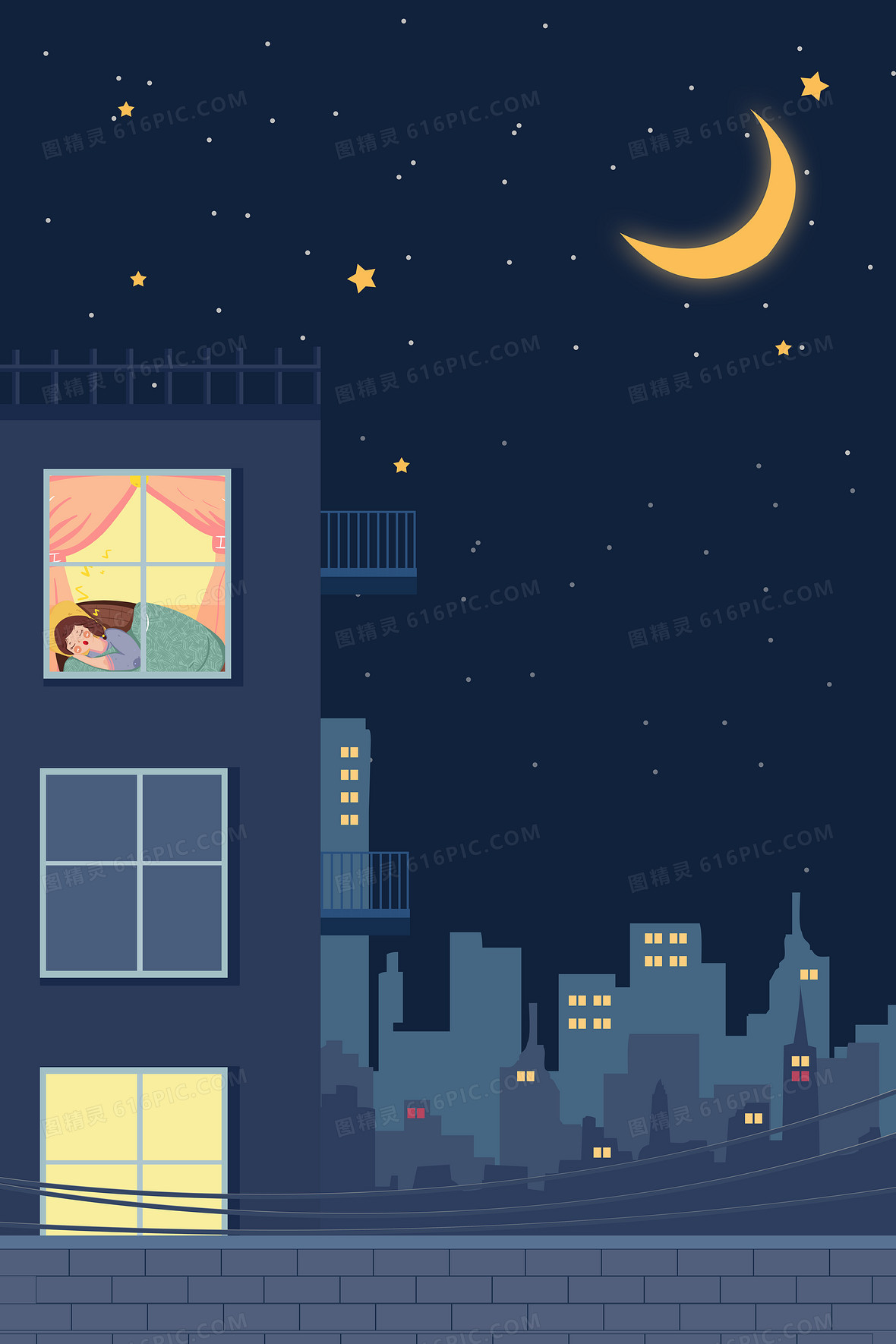 世界睡眠日卡通城市夜晚星空背景