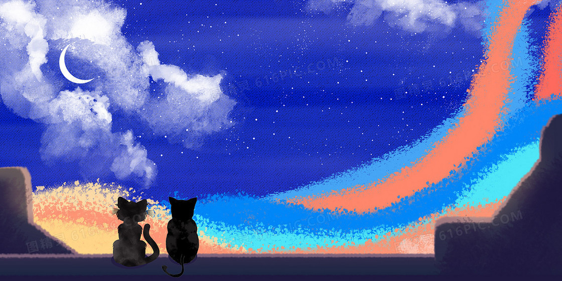 浪漫水彩质感星空猫咪手绘背景