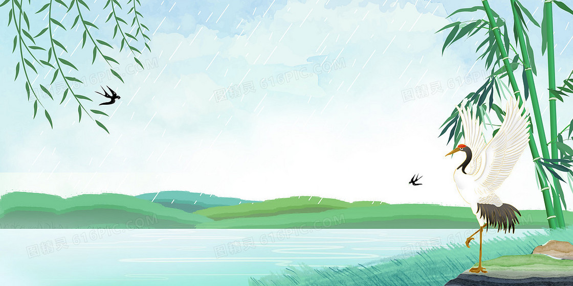 清明雨手绘卡通白鹤背景