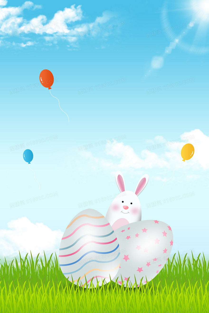复活节彩蛋兔子草地蓝天背景